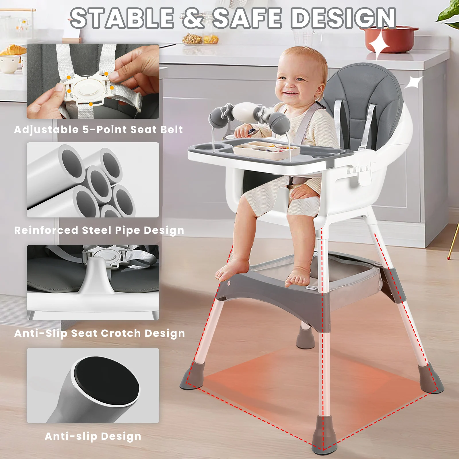 Baby High Chair, Portable Baby Dining Chairs Eat & Play Convertible High Chair with Double-Layer Dinner Plate and Toy Rack