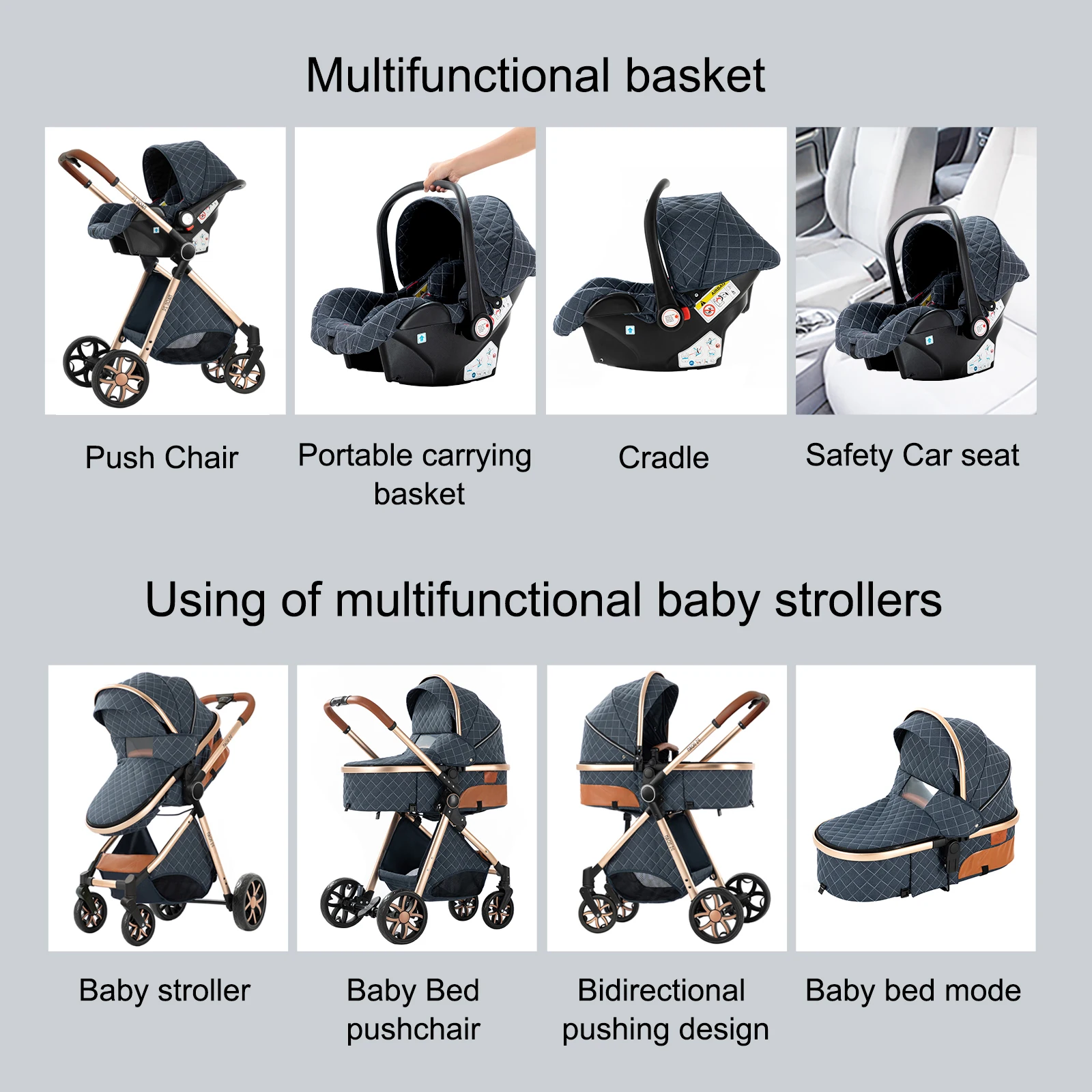 Luxury 3 in 1 Baby Pram, Stroller and Pushchair with Detachable Carrycot, Smooth Wheels and Multi-Angle Recline