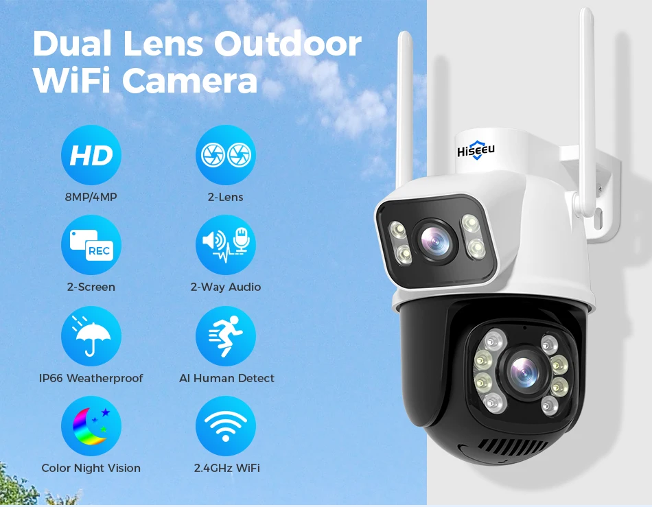 Hiseeu 8MP Wifi Survalance Camera Dual Screen & Dual Lens Color Night Vision Ai Auto Tracking Outdoor Wireless Security Camera