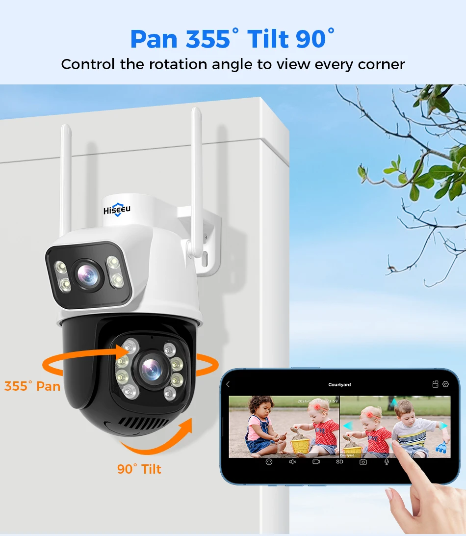 Hiseeu 8MP Wifi Survalance Camera Dual Screen & Dual Lens Color Night Vision Ai Auto Tracking Outdoor Wireless Security Camera