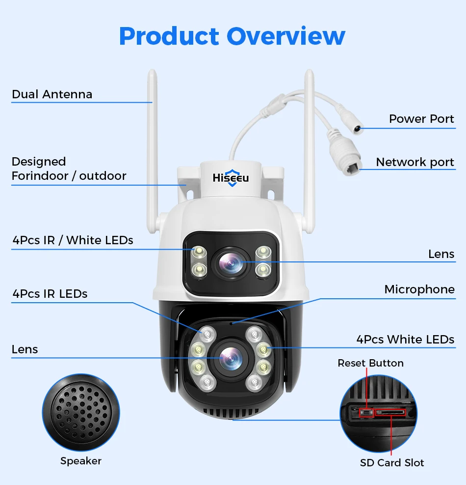 Hiseeu 8MP Wifi Survalance Camera Dual Screen & Dual Lens Color Night Vision Ai Auto Tracking Outdoor Wireless Security Camera