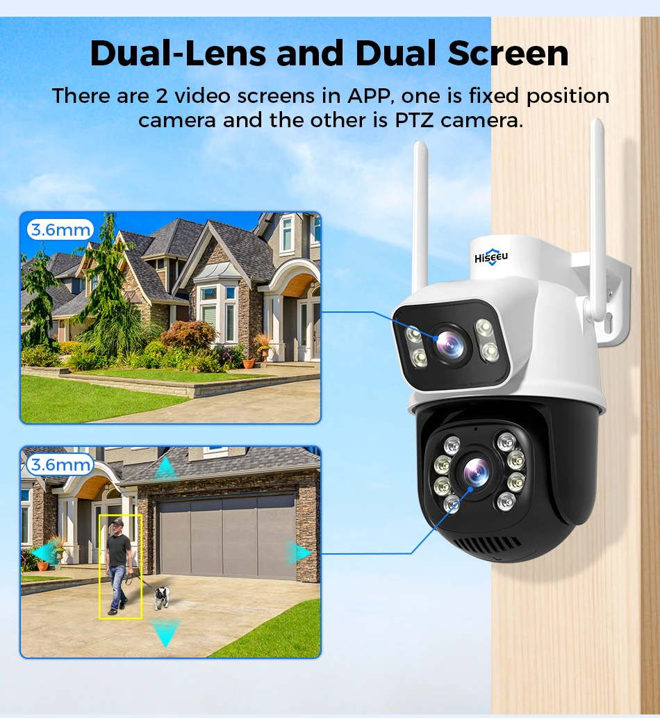 Hiseeu 8MP Wifi Survalance Camera Dual Screen & Dual Lens Color Night Vision Ai Auto Tracking Outdoor Wireless Security Camera