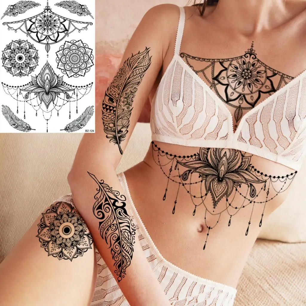 Lotus Henna Mandala Chest Temporary Tattoos For Women Underboob Adult Butterfly Turtle Lion Fake Tattoo Sexy Waterproof Tatoos
