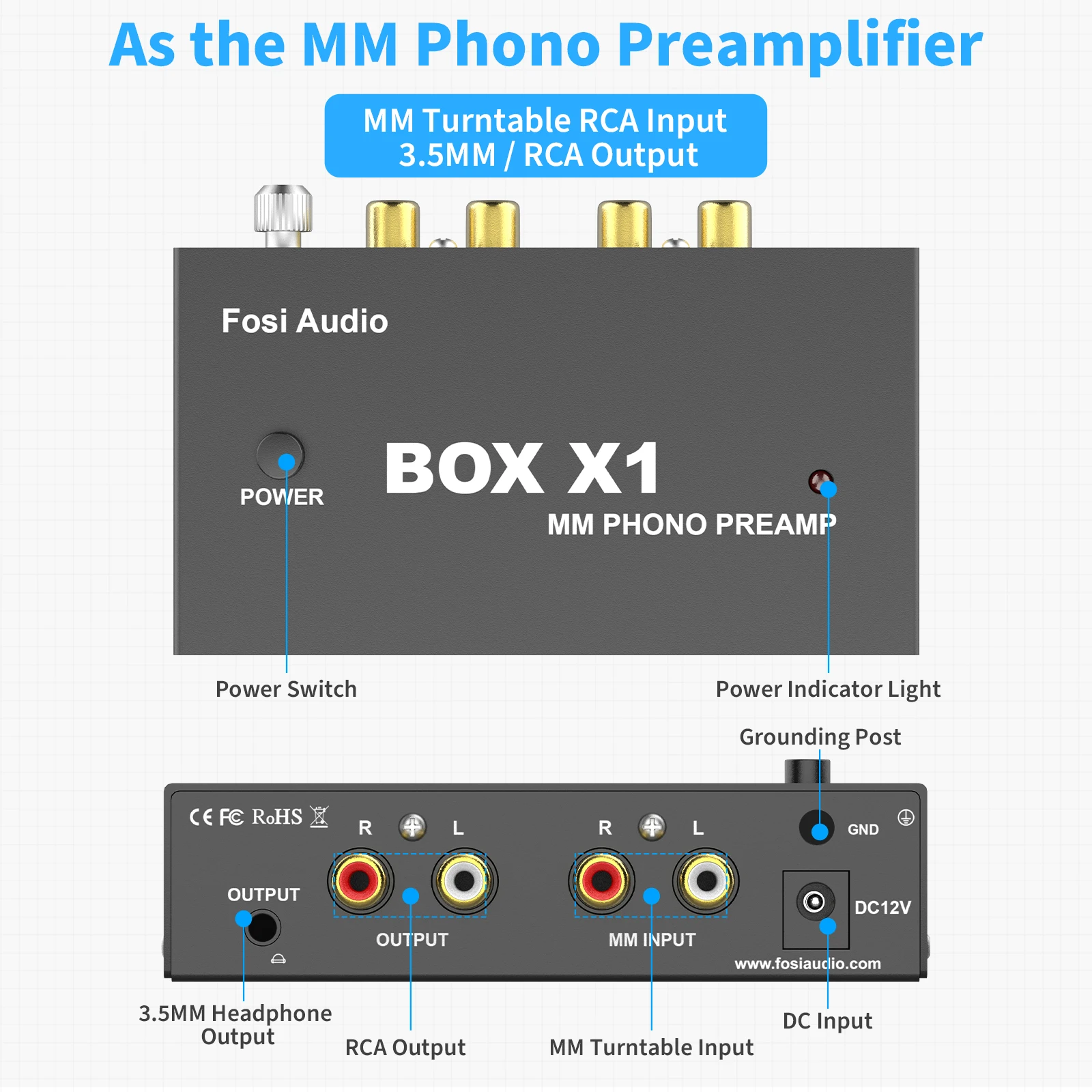 Fosi Audio BOX X1 Phono Preamp for Turntable Phonograph Preamplifier Mini Stereo Audio HiFi With Headphone Amplifier
