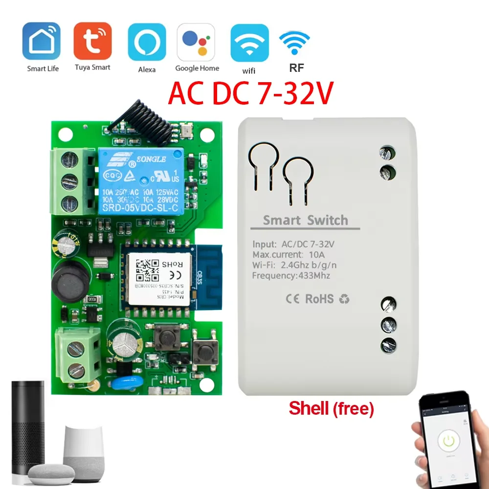 Tuya wifi Switch One Way Module 10A Rele Relay Controller DC/AC 7-32V 12V 24V 220V 110V Smart Life Jog Self-locking Relay Module
