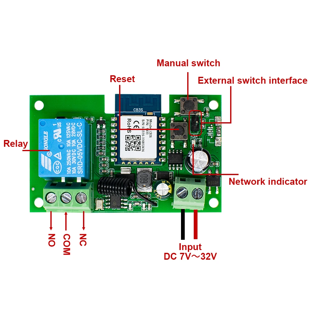 Tuya wifi Switch One Way Module 10A Rele Relay Controller DC/AC 7-32V 12V 24V 220V 110V Smart Life Jog Self-locking Relay Module