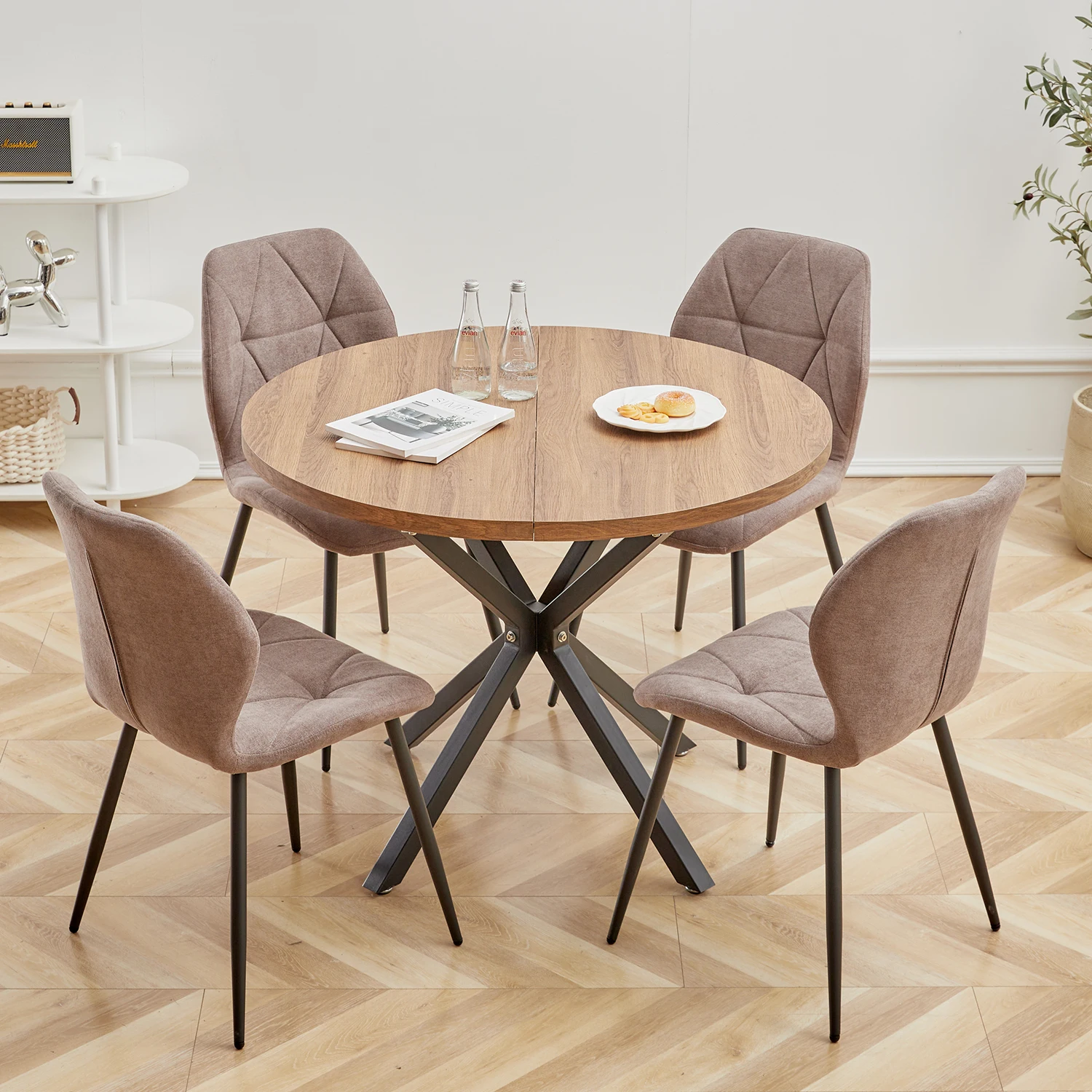 EGOONM Nordic Round Dining Table 100CM, MDF Tabletop Black Metal Legs Dinner Table for Dining Room Kitchen Home Furniture