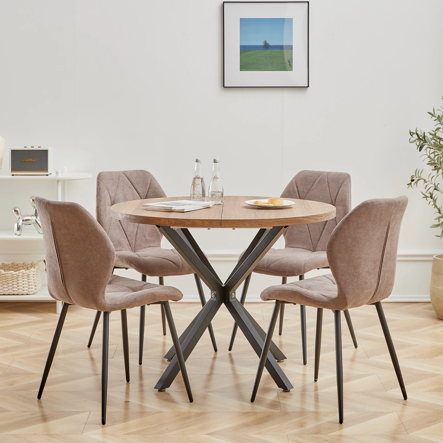 EGOONM Nordic Round Dining Table 100CM, MDF Tabletop Black Metal Legs Dinner Table for Dining Room Kitchen Home Furniture