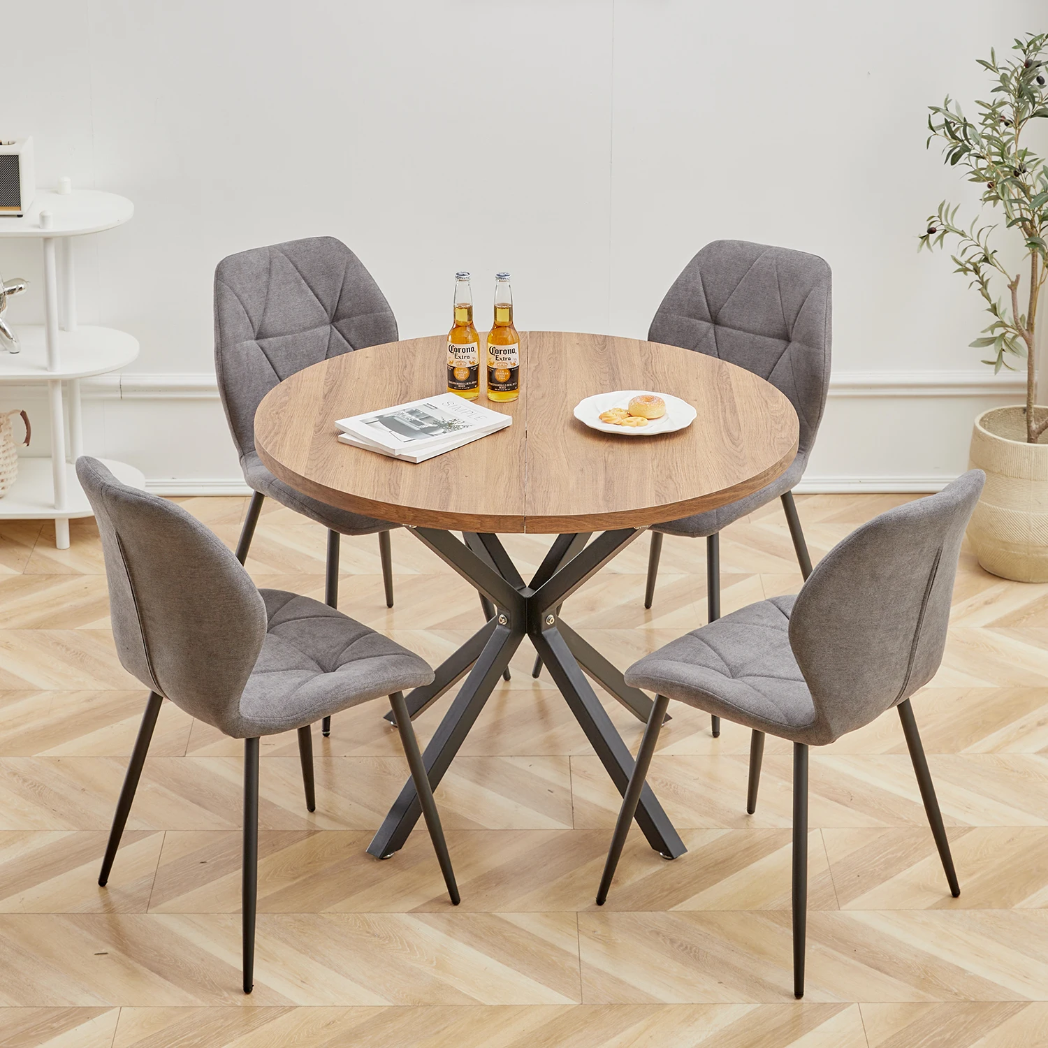 EGOONM Nordic Round Dining Table 100CM, MDF Tabletop Black Metal Legs Dinner Table for Dining Room Kitchen Home Furniture