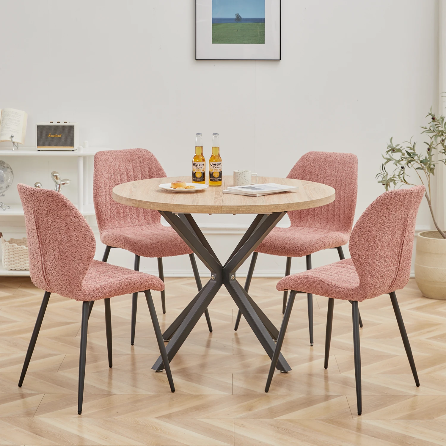 EGOONM Nordic Round Dining Table 100CM, MDF Tabletop Black Metal Legs Dinner Table for Dining Room Kitchen Home Furniture