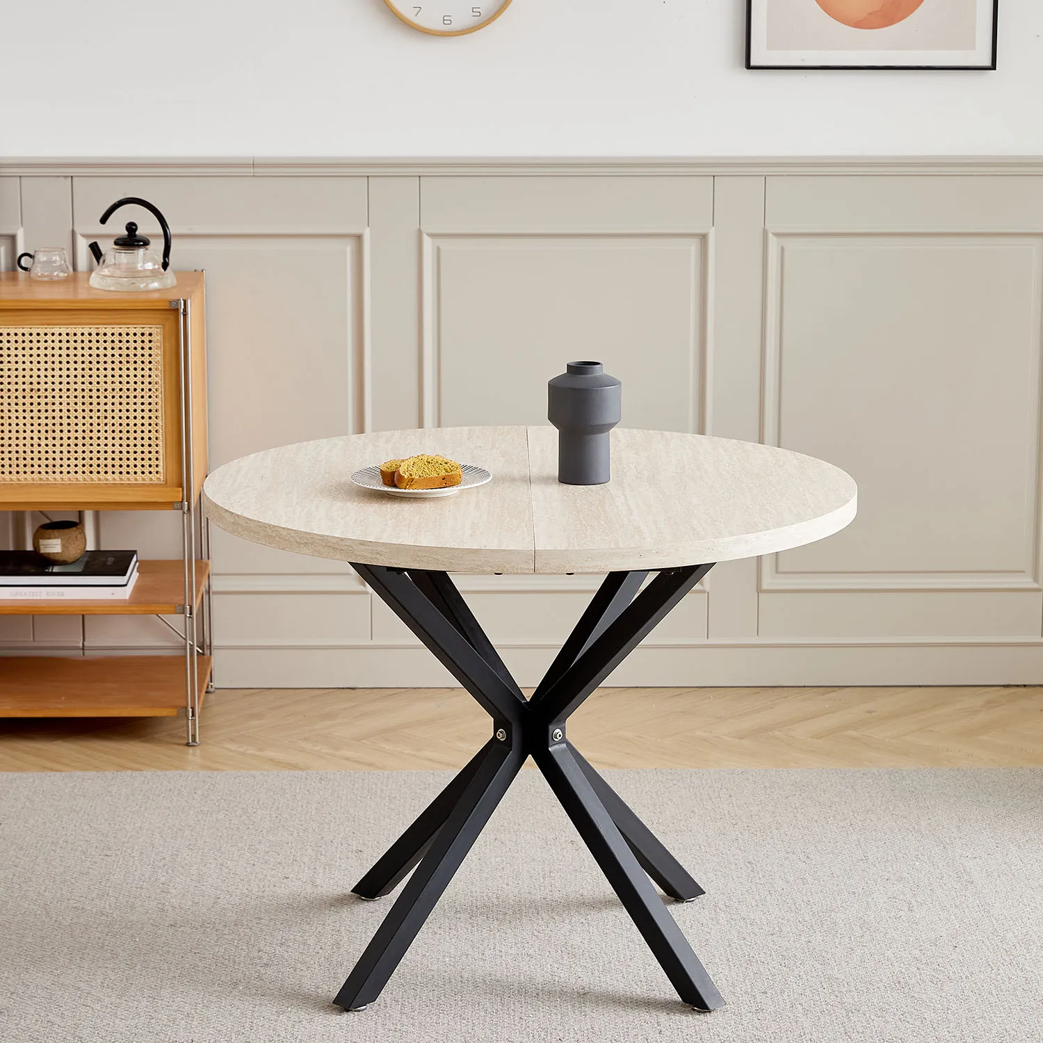 EGOONM Nordic Round Dining Table 100CM, MDF Tabletop Black Metal Legs Dinner Table for Dining Room Kitchen Home Furniture