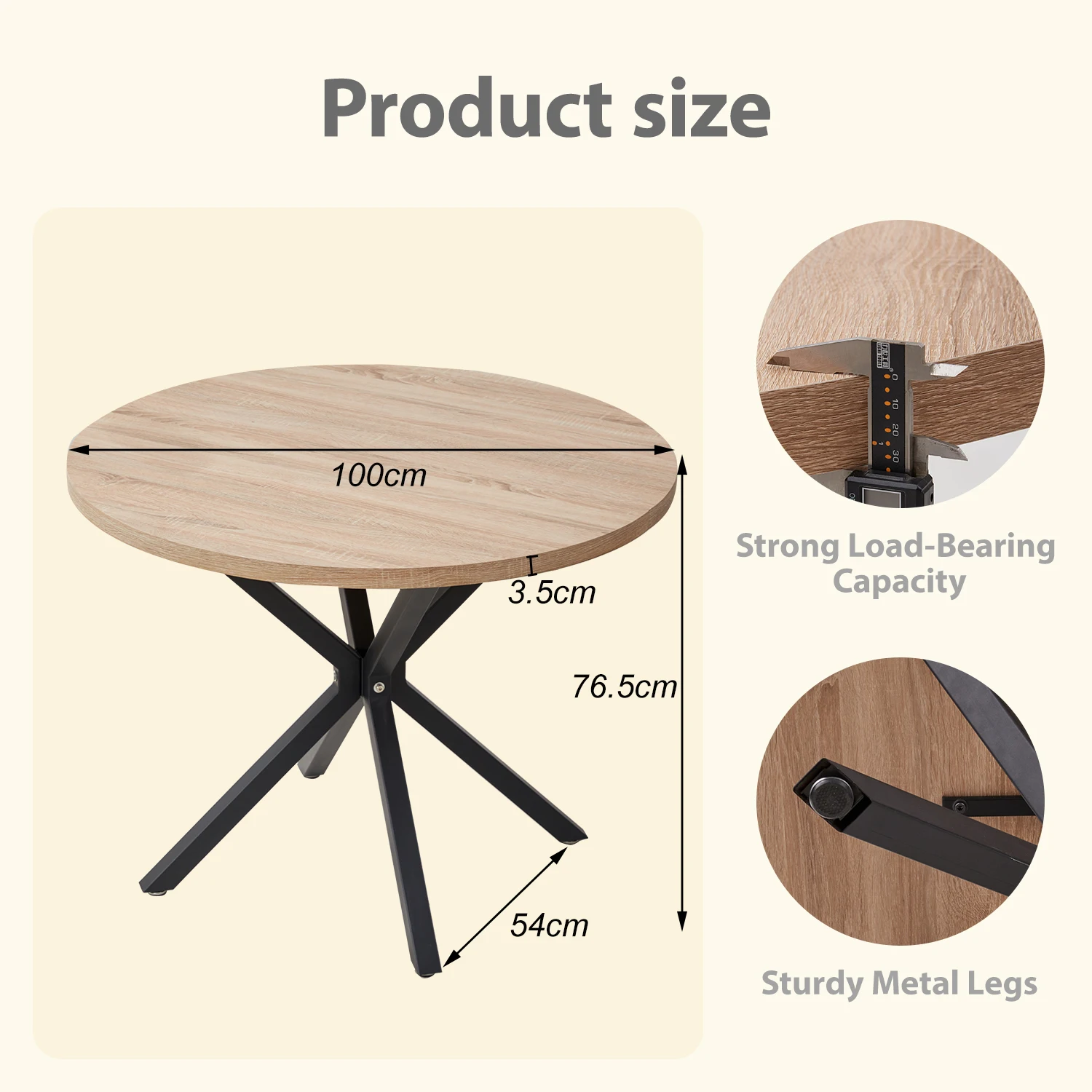 EGOONM Nordic Round Dining Table 100CM, MDF Tabletop Black Metal Legs Dinner Table for Dining Room Kitchen Home Furniture