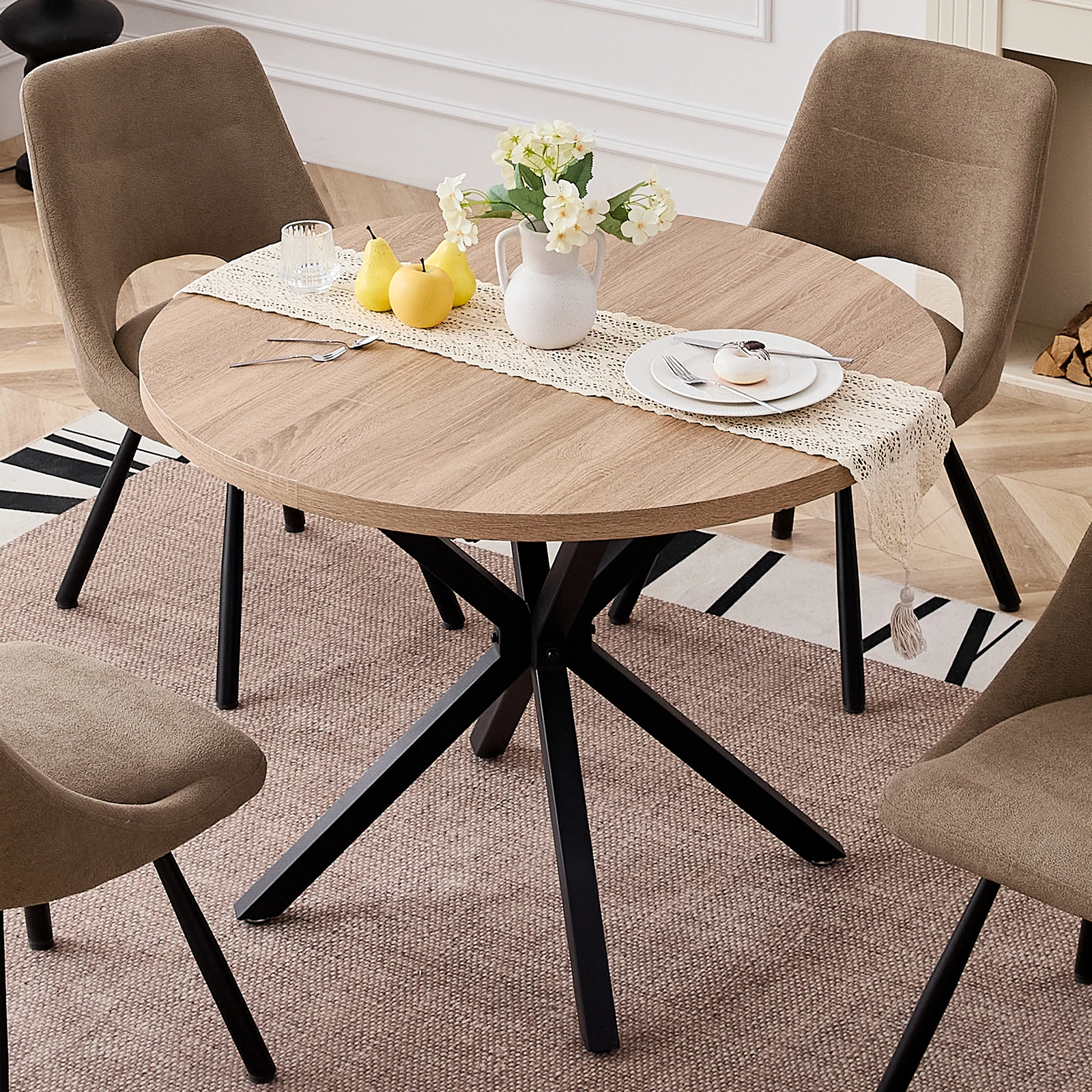 EGOONM Nordic Round Dining Table 100CM, MDF Tabletop Black Metal Legs Dinner Table for Dining Room Kitchen Home Furniture