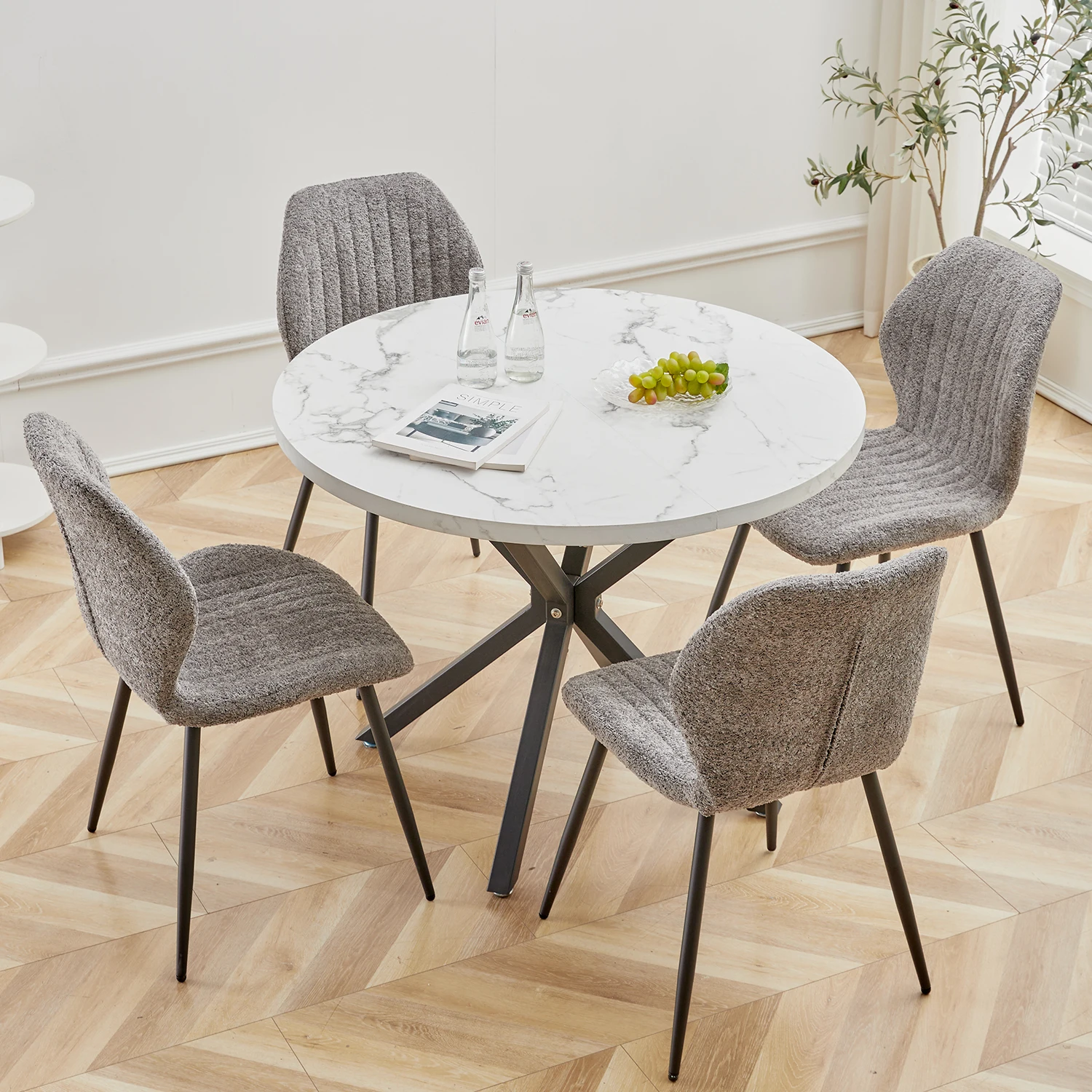 EGOONM Nordic Round Dining Table 100CM, MDF Tabletop Black Metal Legs Dinner Table for Dining Room Kitchen Home Furniture