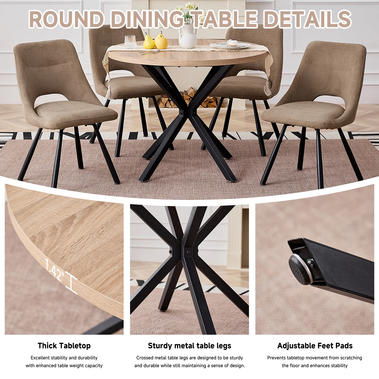 EGOONM Nordic Round Dining Table 100CM, MDF Tabletop Black Metal Legs Dinner Table for Dining Room Kitchen Home Furniture