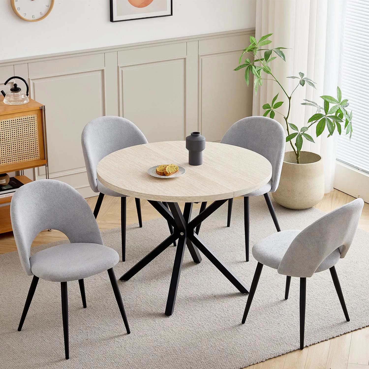 EGOONM Nordic Round Dining Table 100CM, MDF Tabletop Black Metal Legs Dinner Table for Dining Room Kitchen Home Furniture