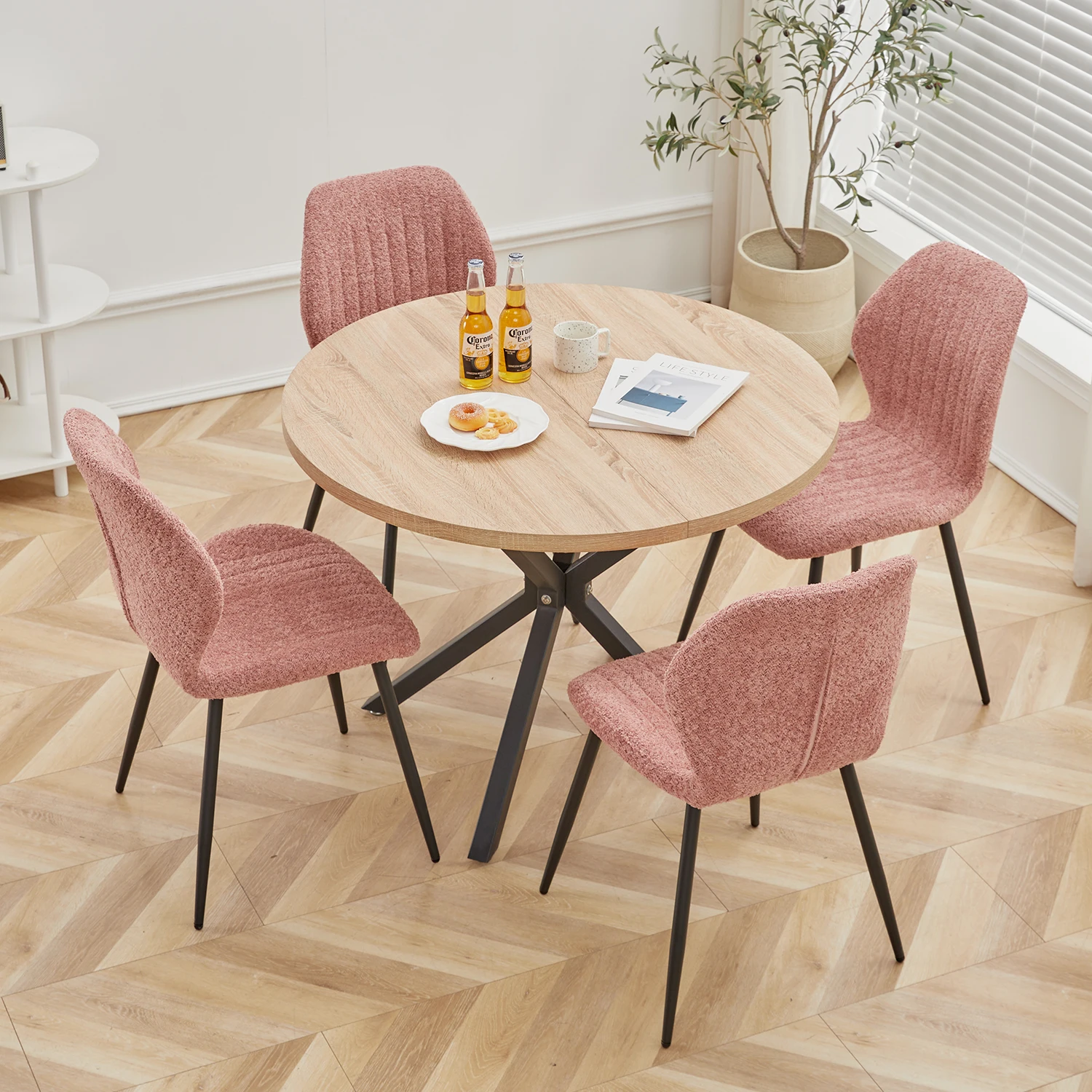 EGOONM Nordic Round Dining Table 100CM, MDF Tabletop Black Metal Legs Dinner Table for Dining Room Kitchen Home Furniture