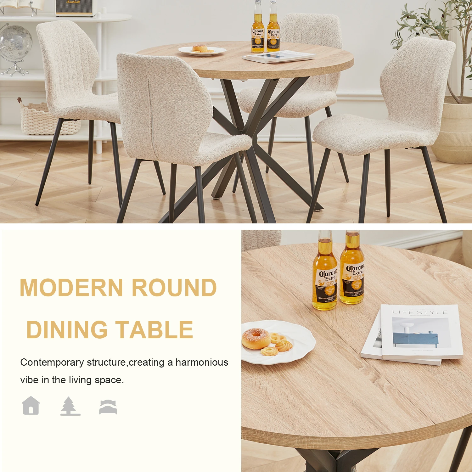 EGOONM Nordic Round Dining Table 100CM, MDF Tabletop Black Metal Legs Dinner Table for Dining Room Kitchen Home Furniture