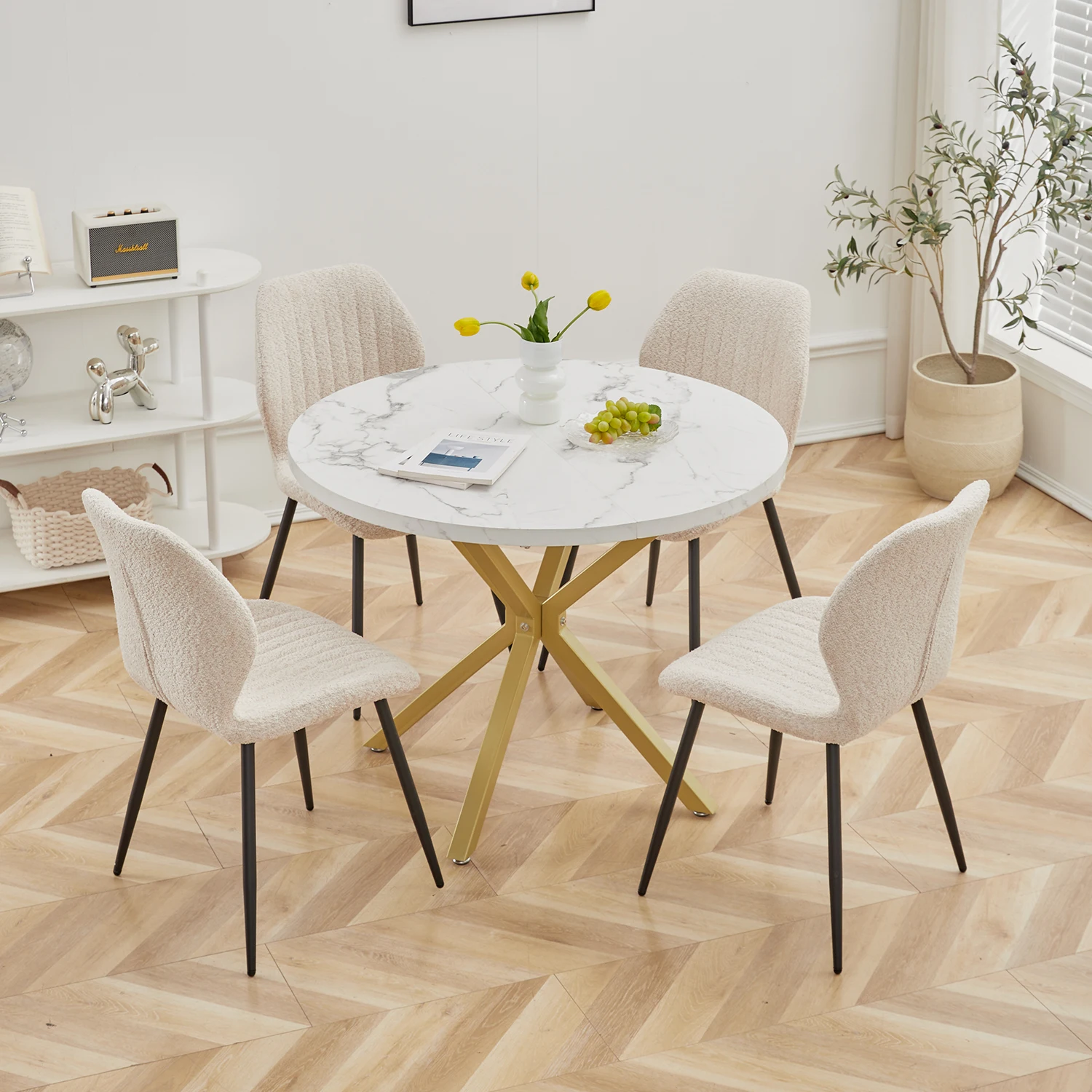 EGOONM Nordic Round Dining Table 100CM, MDF Tabletop Black Metal Legs Dinner Table for Dining Room Kitchen Home Furniture