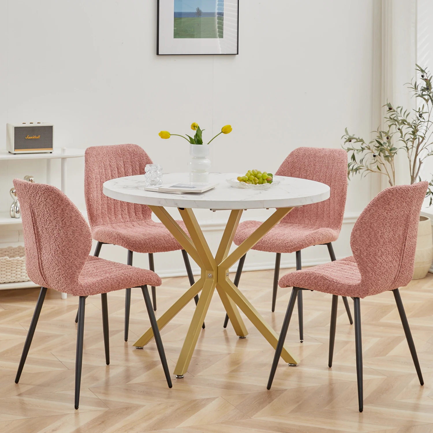 EGOONM Nordic Round Dining Table 100CM, MDF Tabletop Black Metal Legs Dinner Table for Dining Room Kitchen Home Furniture