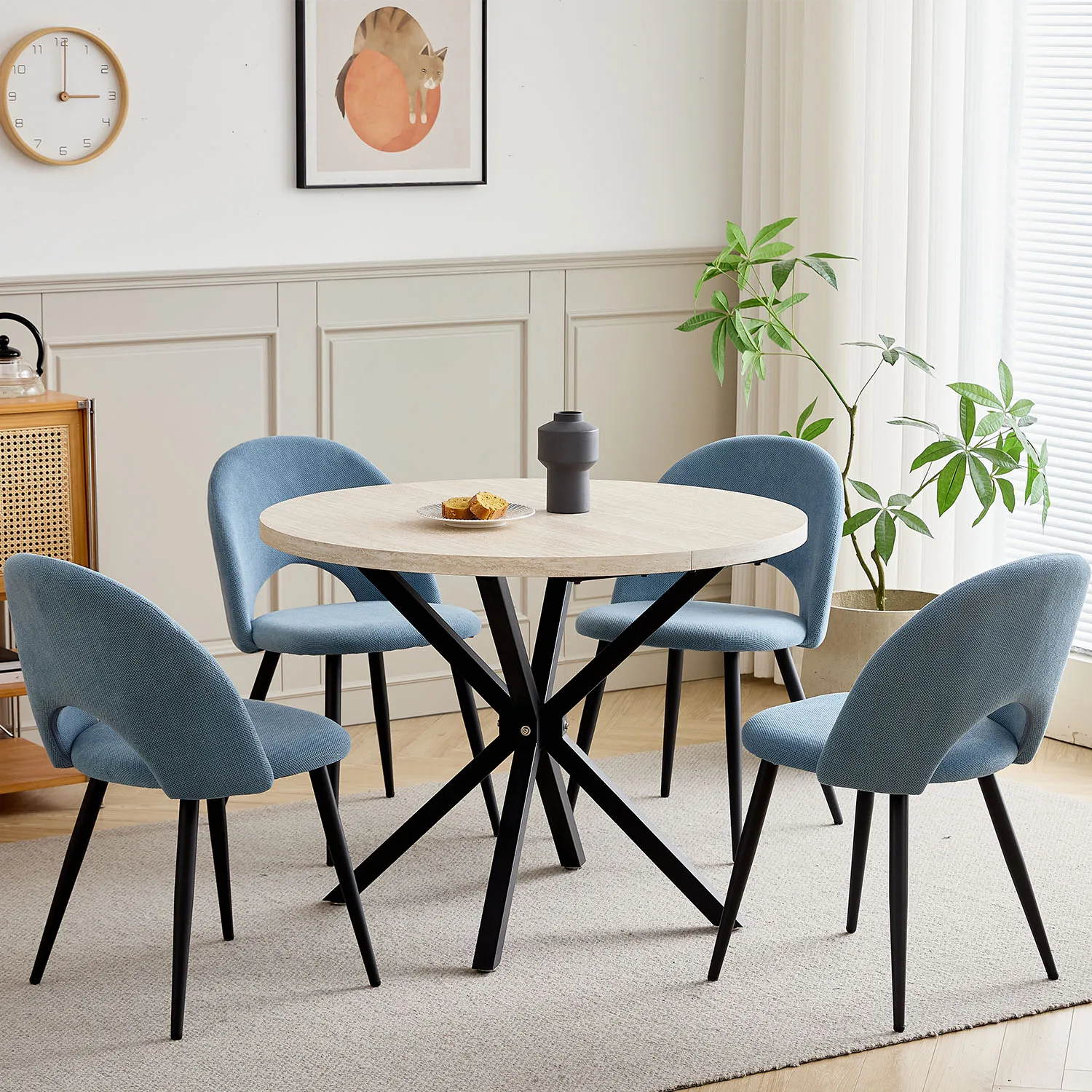 EGOONM Nordic Round Dining Table 100CM, MDF Tabletop Black Metal Legs Dinner Table for Dining Room Kitchen Home Furniture