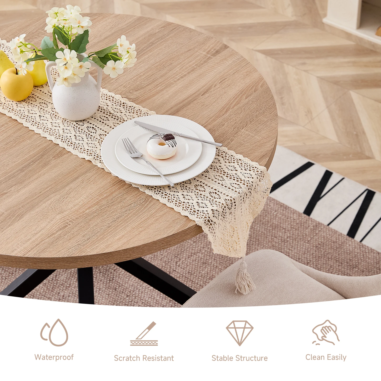 EGOONM Nordic Round Dining Table 100CM, MDF Tabletop Black Metal Legs Dinner Table for Dining Room Kitchen Home Furniture
