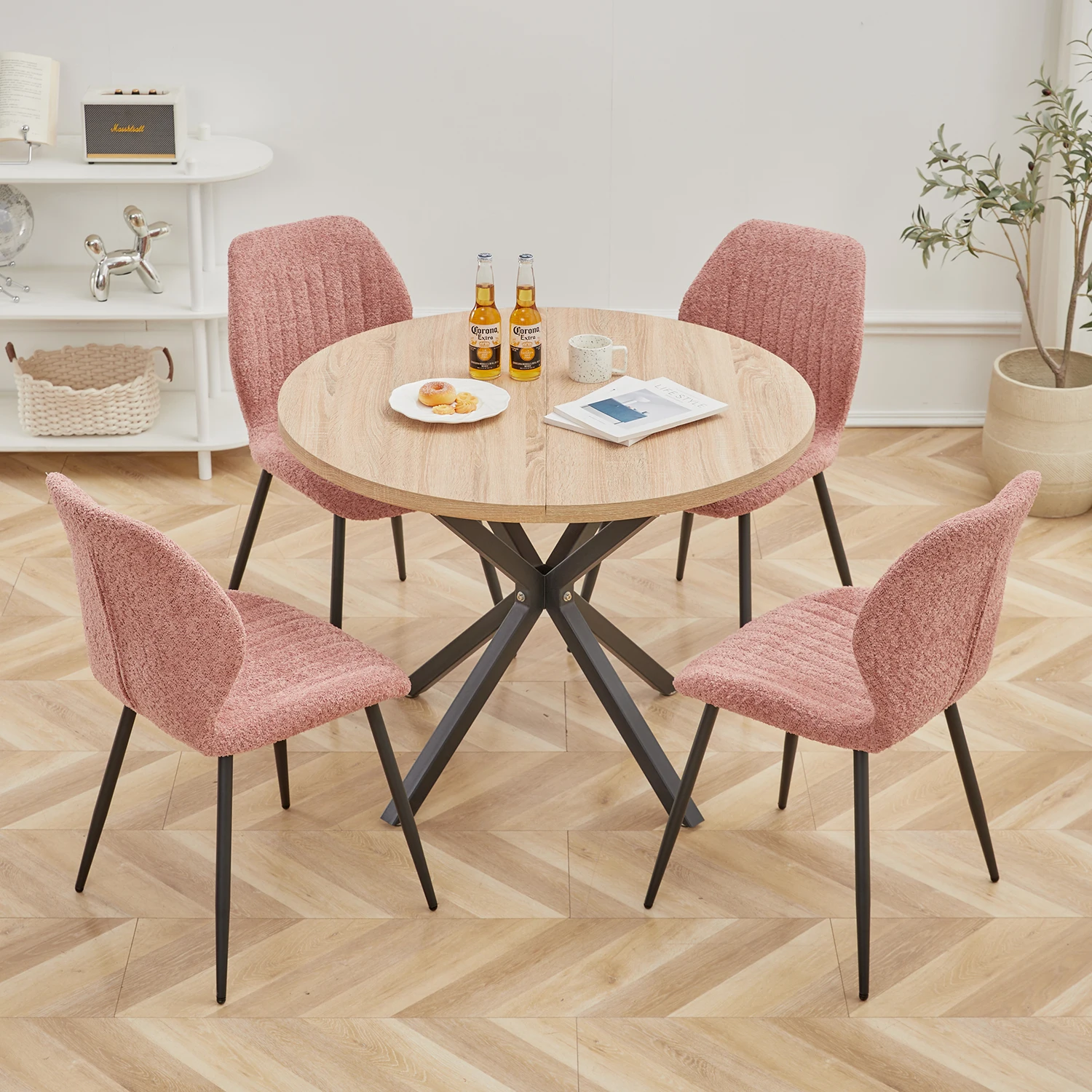 EGOONM Nordic Round Dining Table 100CM, MDF Tabletop Black Metal Legs Dinner Table for Dining Room Kitchen Home Furniture