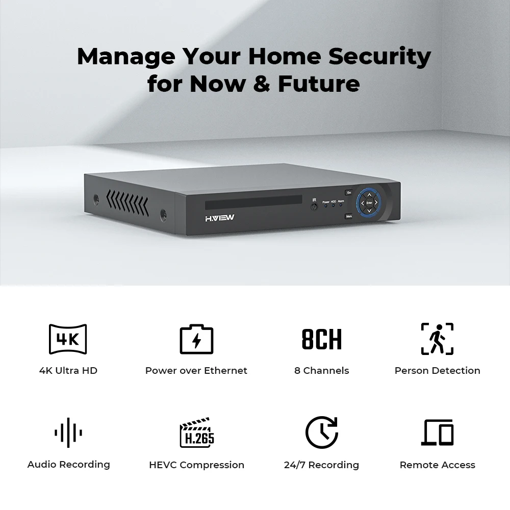 H.View 4K 8Ch Poe Nvr 8Mp Cctv Security System Face Detection H.265 Network Surveillance Audio Video Recorder xmeye Onvif