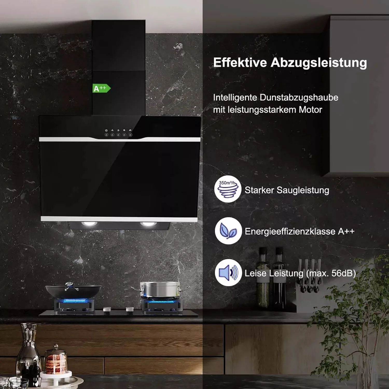 TopStrong Wall Mount 60 cm Stainless Steel Easy Clean Filters Black Extractor Hood YYWH4060