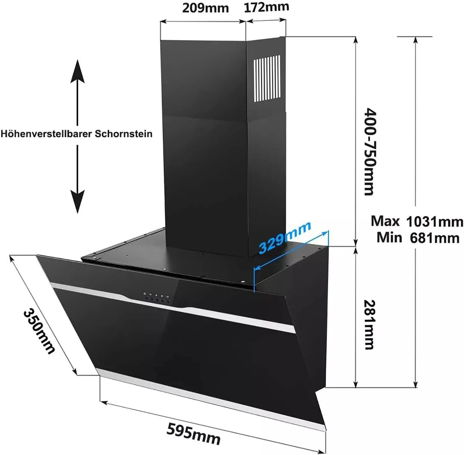 TopStrong Wall Mount 60 cm Stainless Steel Easy Clean Filters Black Extractor Hood YYWH4060