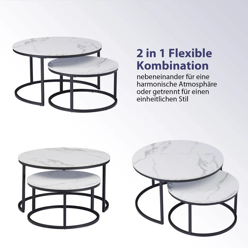 EGOONM White Marble Round Tea Desk End Table In Living Room Furniture Coffee Table Wooden Combination Home Metal Bracket
