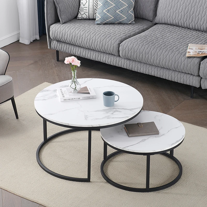 EGOONM White Marble Round Tea Desk End Table In Living Room Furniture Coffee Table Wooden Combination Home Metal Bracket