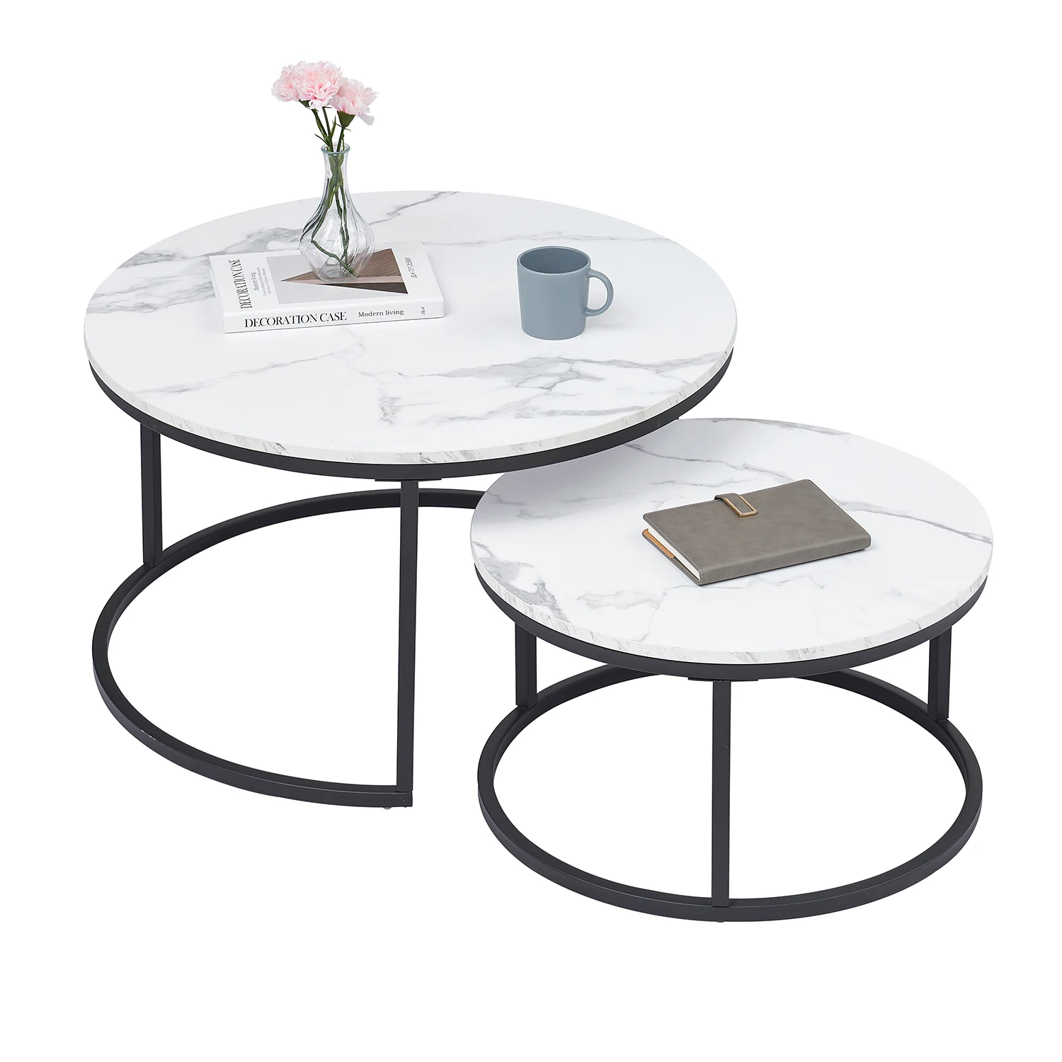 EGOONM White Marble Round Tea Desk End Table In Living Room Furniture Coffee Table Wooden Combination Home Metal Bracket