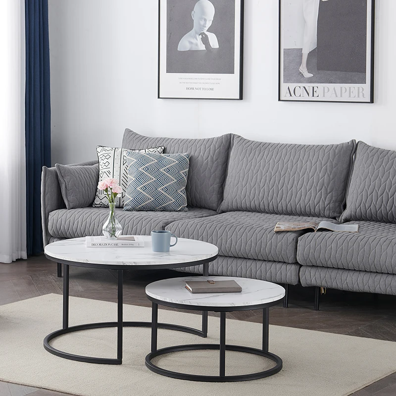 EGOONM White Marble Round Tea Desk End Table In Living Room Furniture Coffee Table Wooden Combination Home Metal Bracket