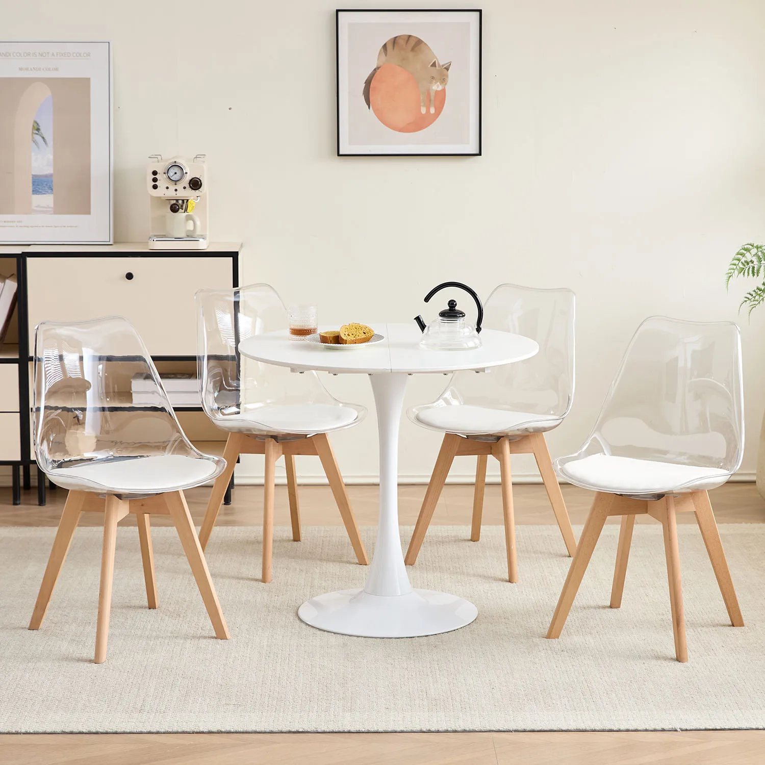 Set of 4 Transparent Dining Chair Wood Legs Modern Comfortable PU Chair for Kitchen Bedroom Living Room Home Kitchen Furniture
