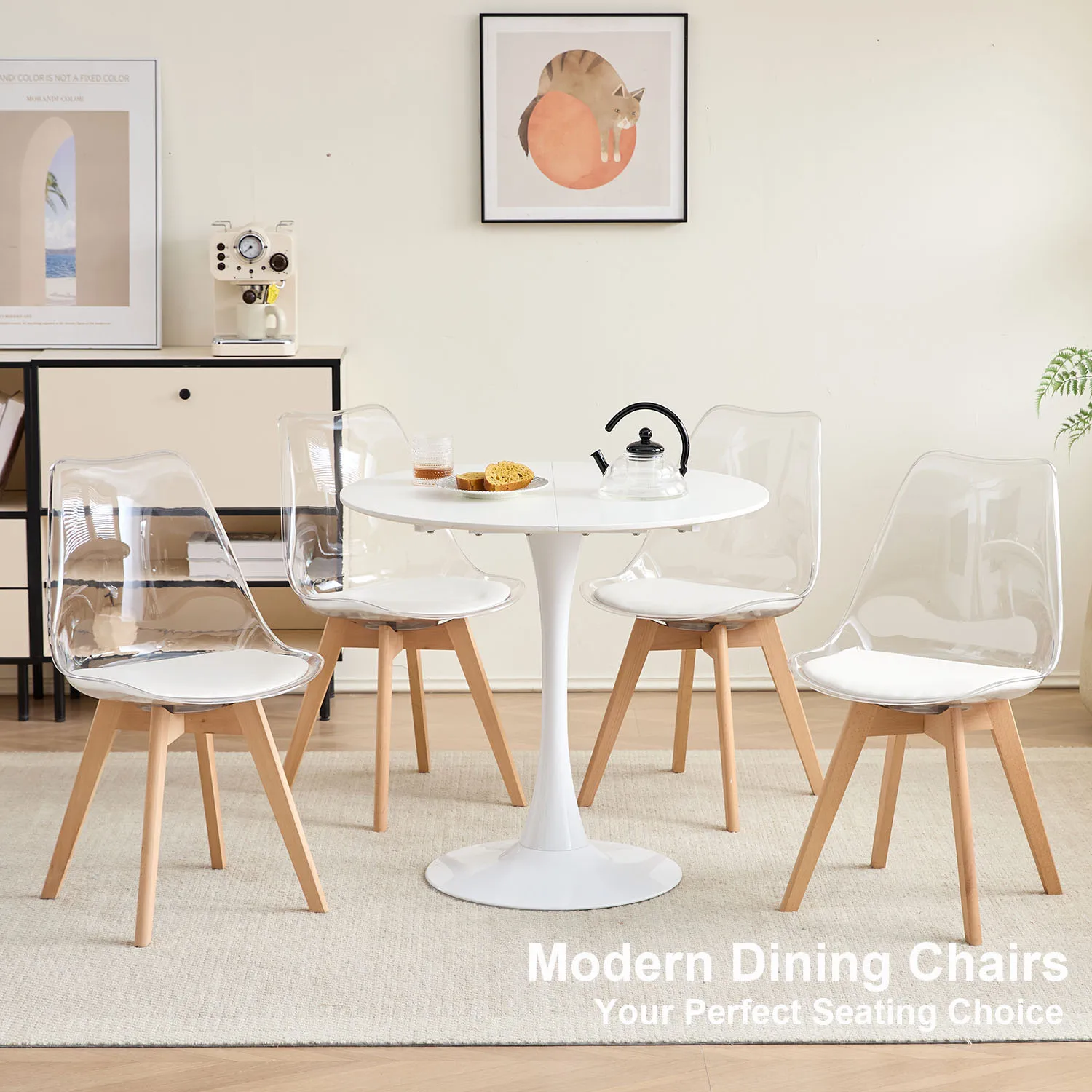 Set of 4 Transparent Dining Chair Wood Legs Modern Comfortable PU Chair for Kitchen Bedroom Living Room Home Kitchen Furniture