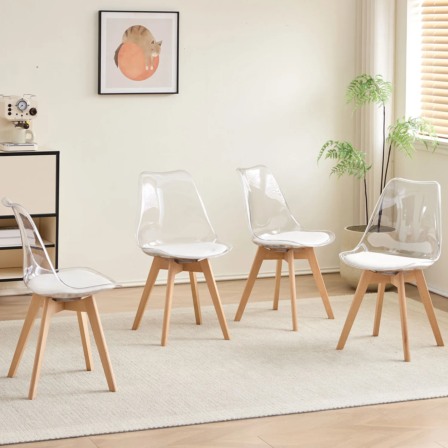 Set of 4 Transparent Dining Chair Wood Legs Modern Comfortable PU Chair for Kitchen Bedroom Living Room Home Kitchen Furniture