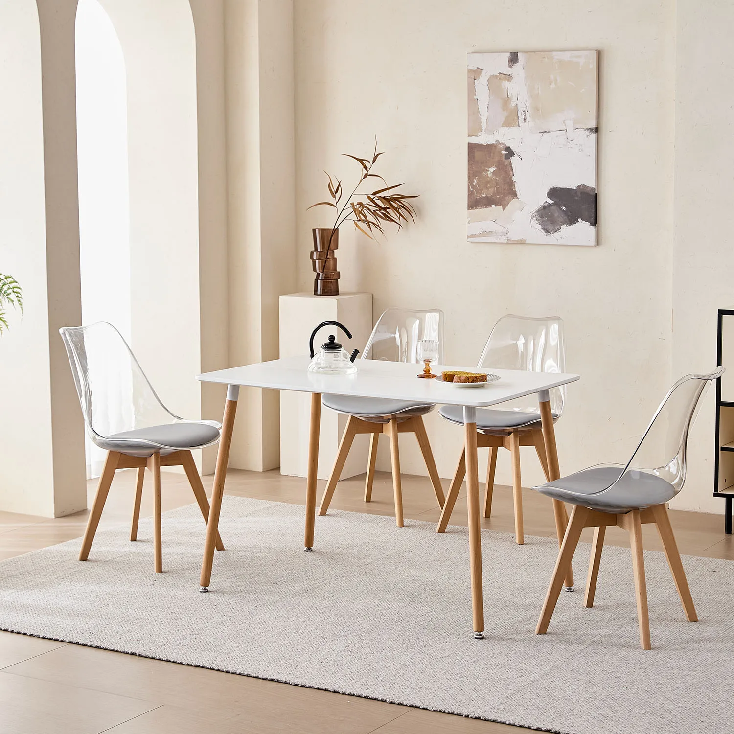 Set of 4 Transparent Dining Chair Wood Legs Modern Comfortable PU Chair for Kitchen Bedroom Living Room Home Kitchen Furniture