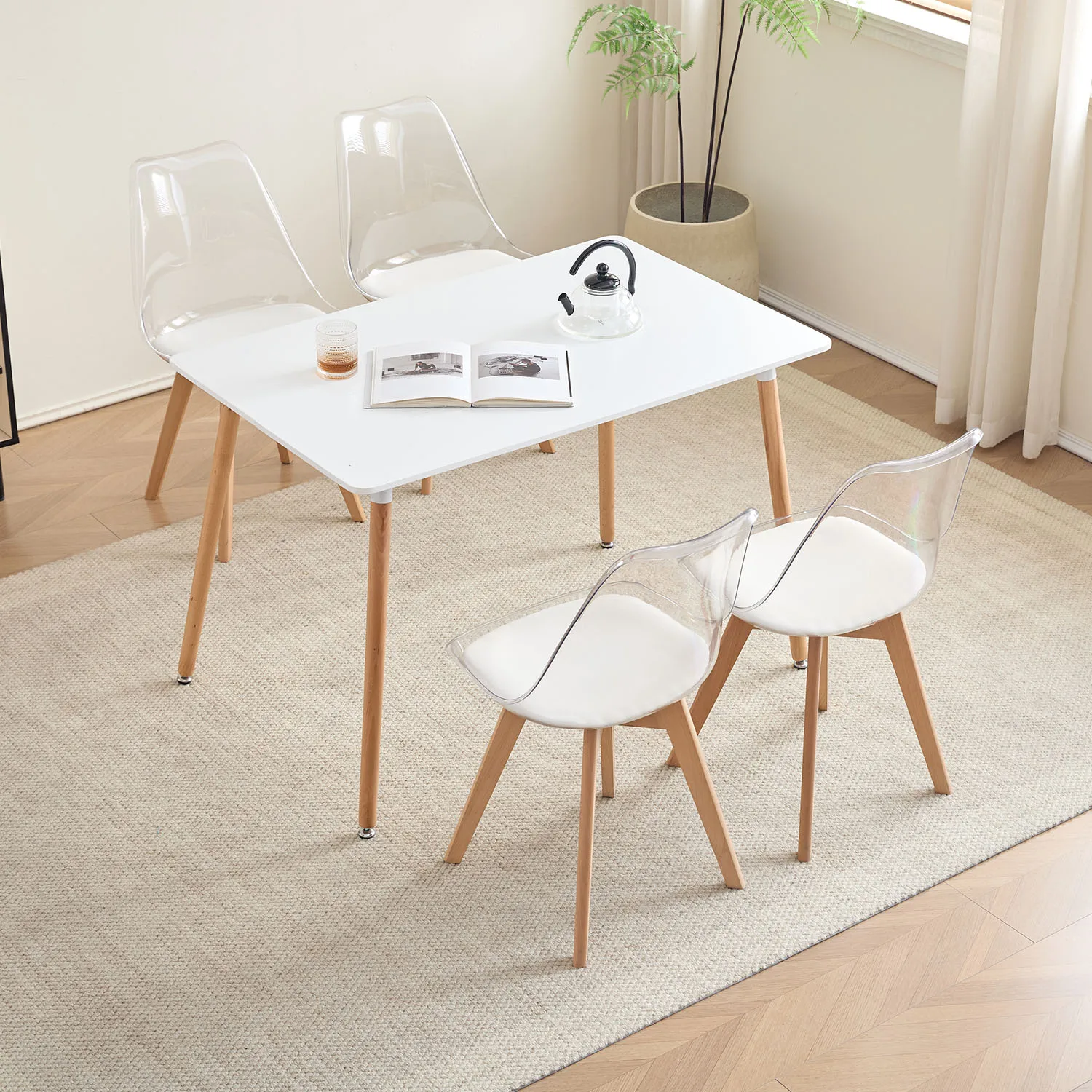 Set of 4 Transparent Dining Chair Wood Legs Modern Comfortable PU Chair for Kitchen Bedroom Living Room Home Kitchen Furniture