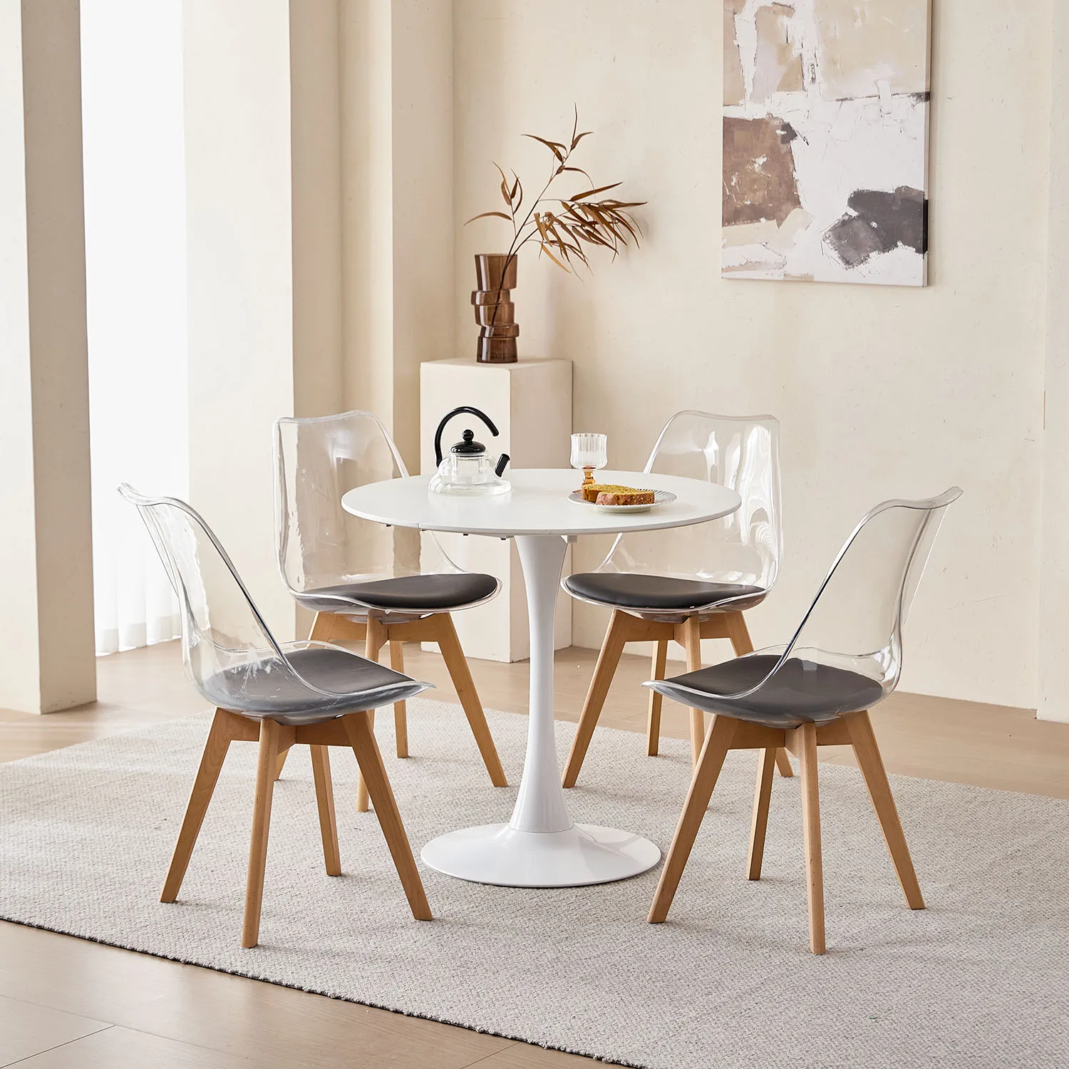 Set of 4 Transparent Dining Chair Wood Legs Modern Comfortable PU Chair for Kitchen Bedroom Living Room Home Kitchen Furniture