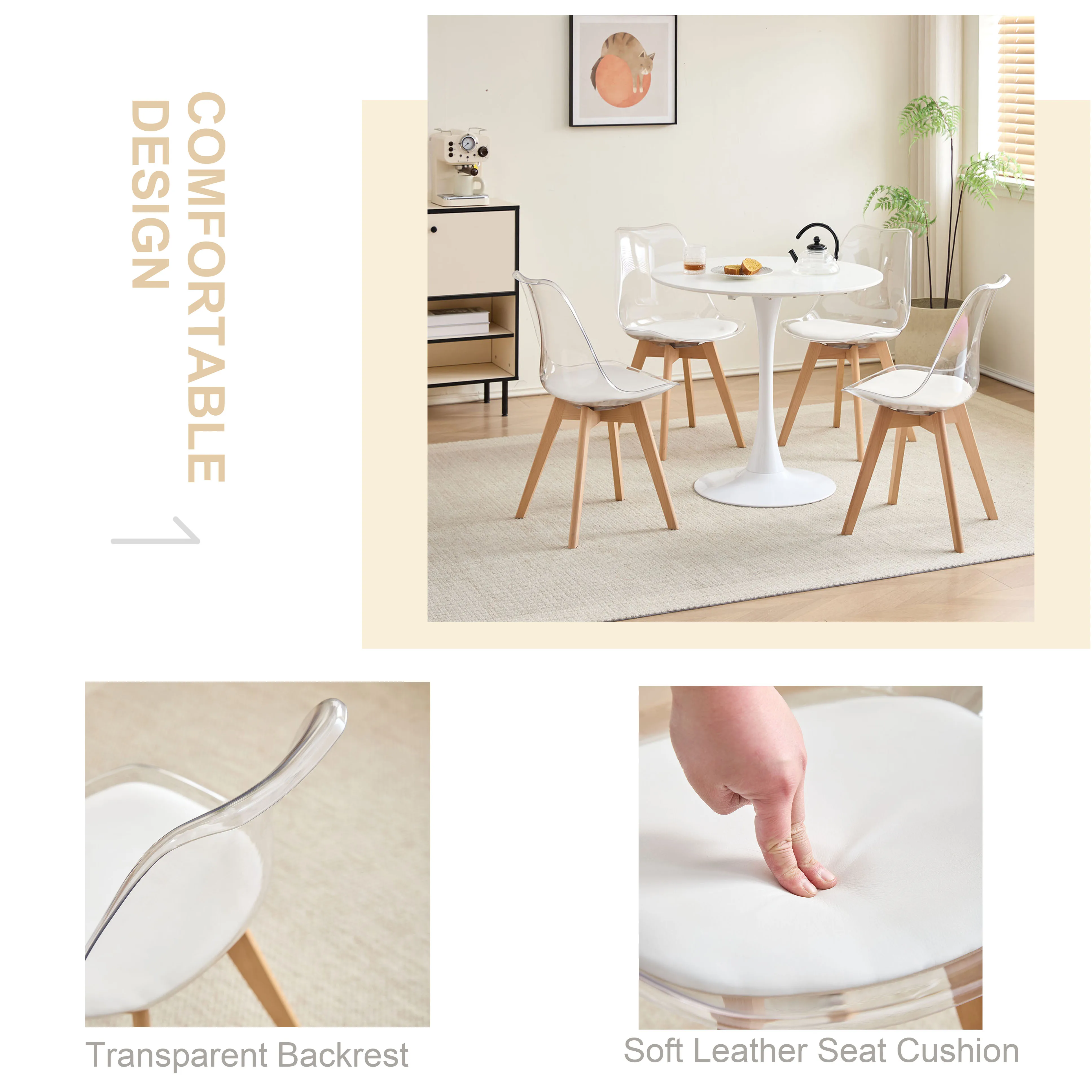 Set of 4 Transparent Dining Chair Wood Legs Modern Comfortable PU Chair for Kitchen Bedroom Living Room Home Kitchen Furniture