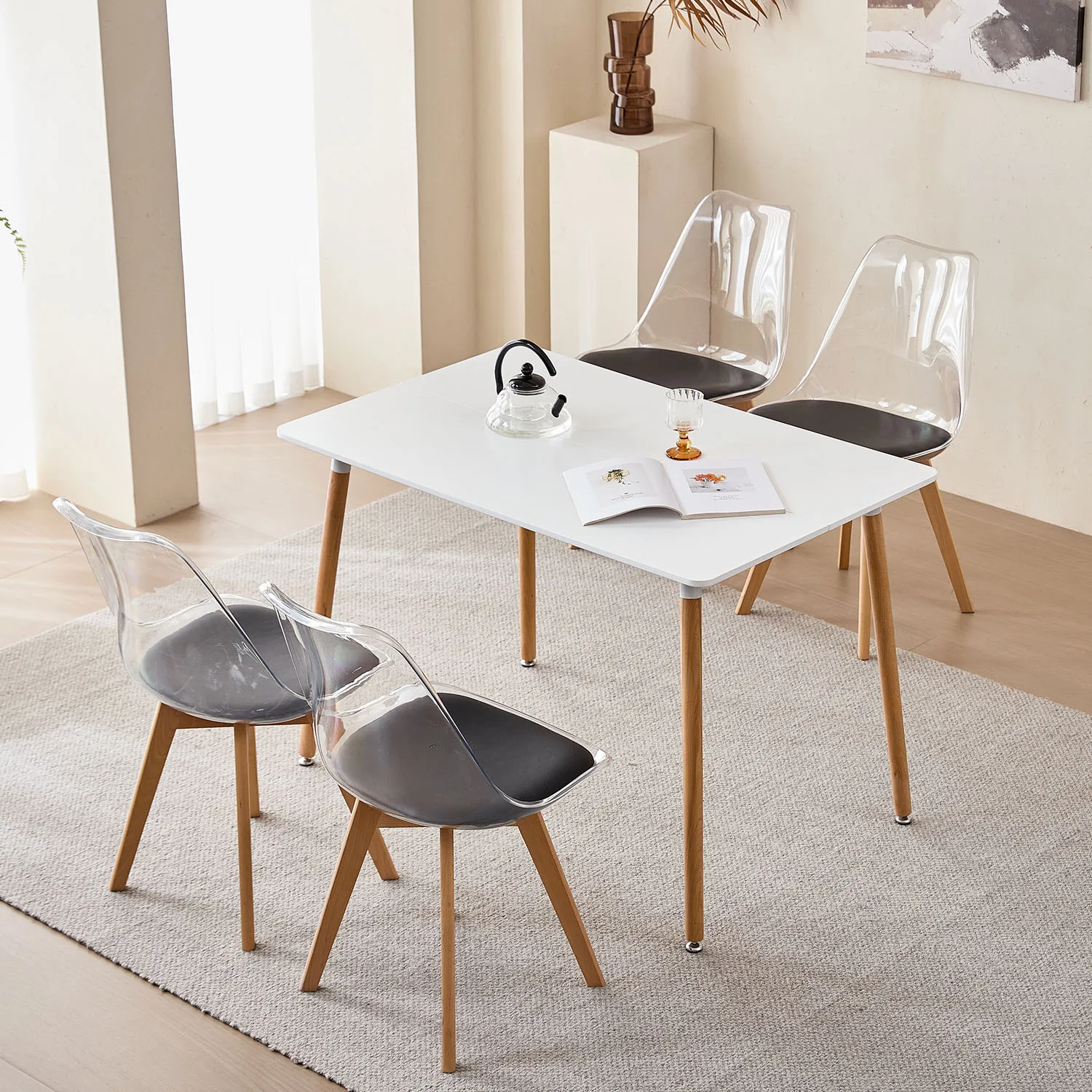 Set of 4 Transparent Dining Chair Wood Legs Modern Comfortable PU Chair for Kitchen Bedroom Living Room Home Kitchen Furniture
