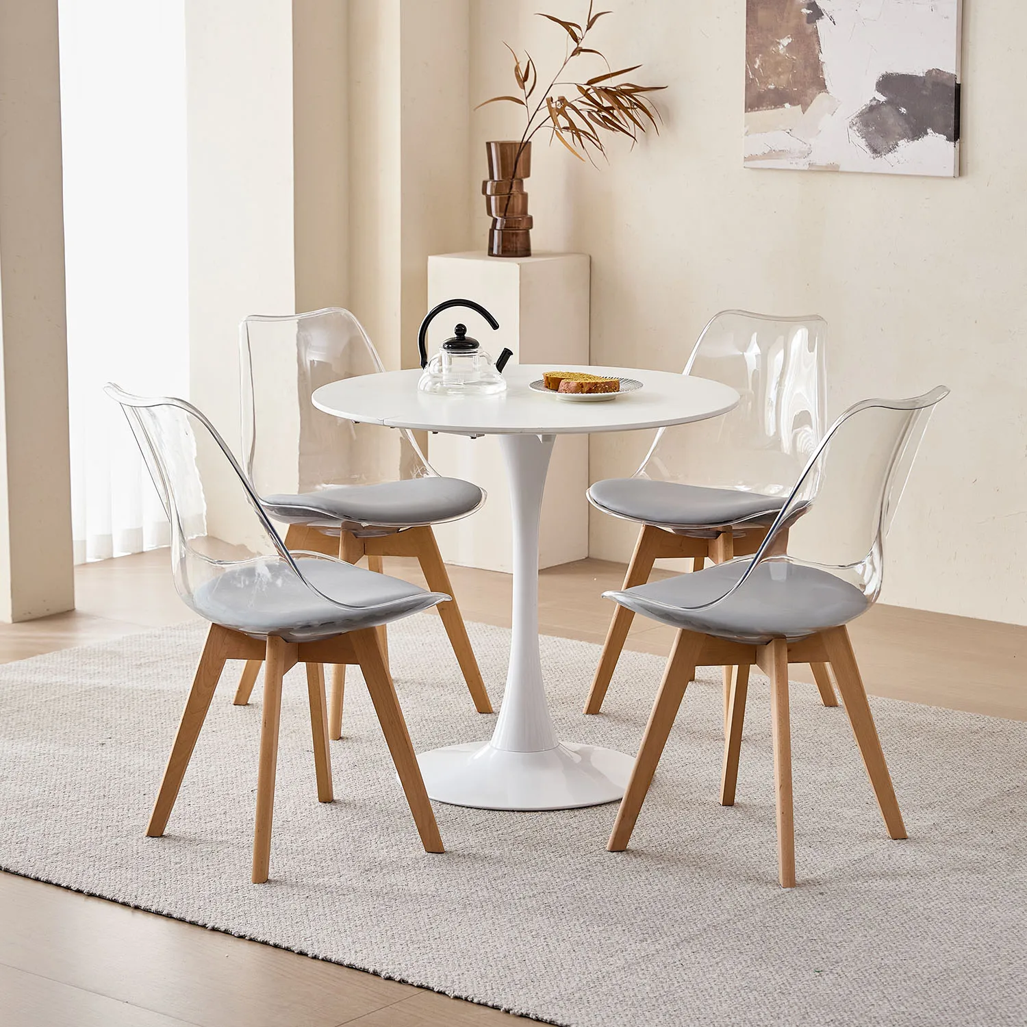 Set of 4 Transparent Dining Chair Wood Legs Modern Comfortable PU Chair for Kitchen Bedroom Living Room Home Kitchen Furniture