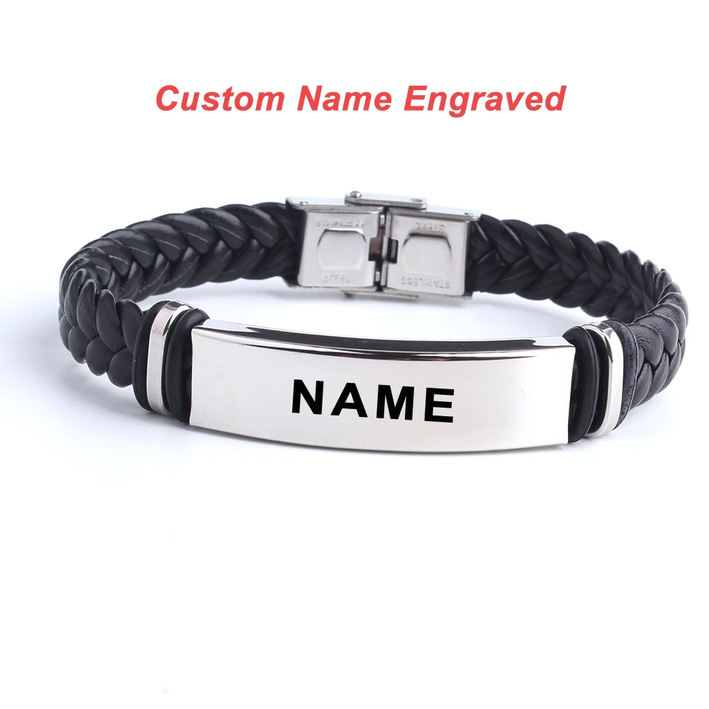 Punk SOS Custom Logo Name Engrave Text Leather Bangle & Bracelet Customize Stainless Steel Bracelets For Women Men ID Bracelet