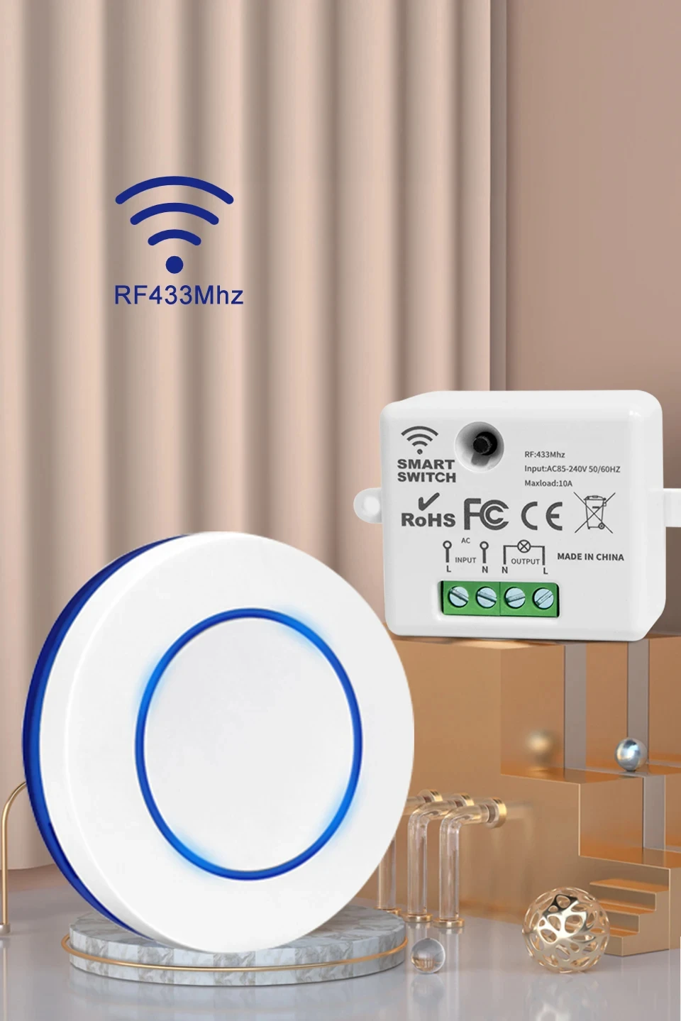 RF 433MHz Wireless 10A Relay Receiver Remote Control Light Switch 220V 110V Mini Round Button Wall Panel Switch For LED Lamp
