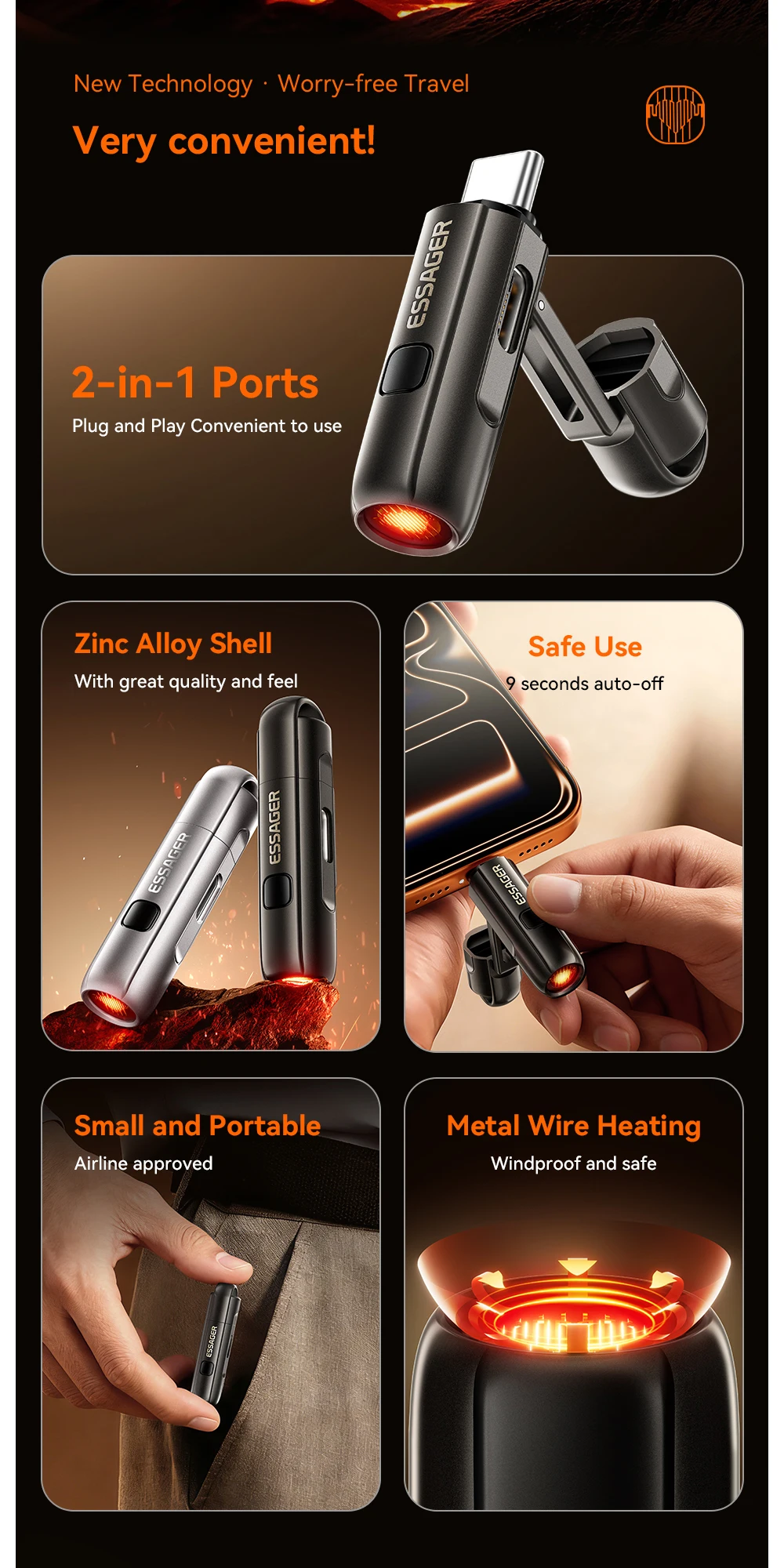 Essager 2-in-1 Type-C Portable Mini Cigarette Lighter with Air Blowing Function Outdoor Safety USB-C Adapter