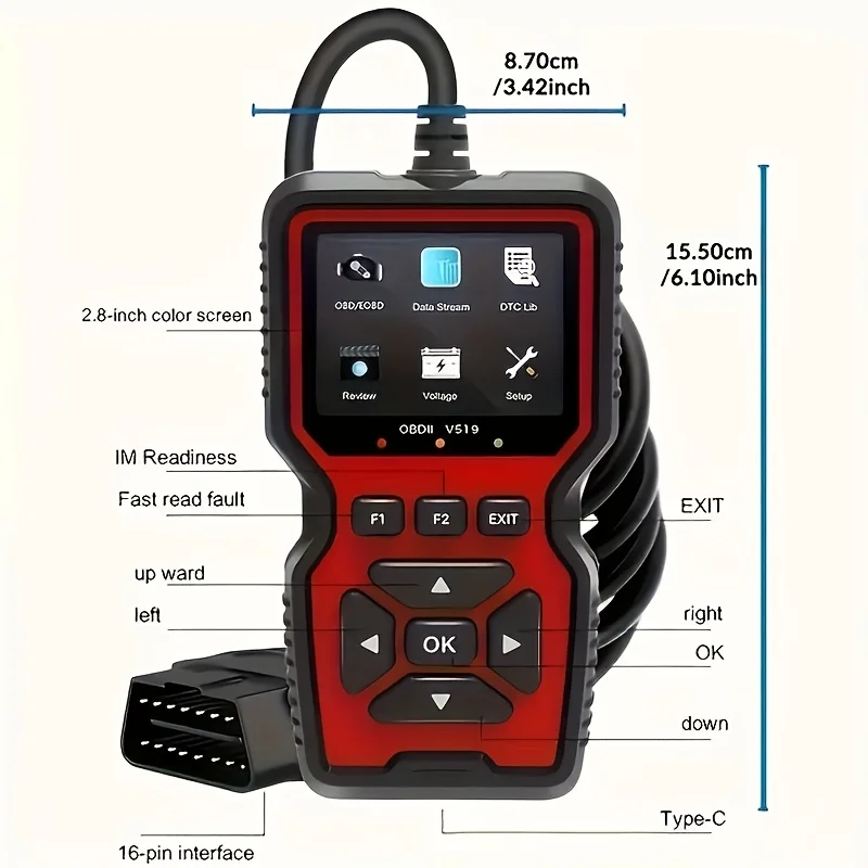 V519 Professional Obd2 Scanner - Usb-Powered Automotive Diagnostic Tool with Real-Time Data Stream, Full-Featured Obd Ii Testing (I/M Ready, Bod2/Eobd), Clears Engine Fault Lights, Reads/Erases Codes for Most Vehicles, Automotive Maintenance, Ergonomic Design, Durable Plastic Casing