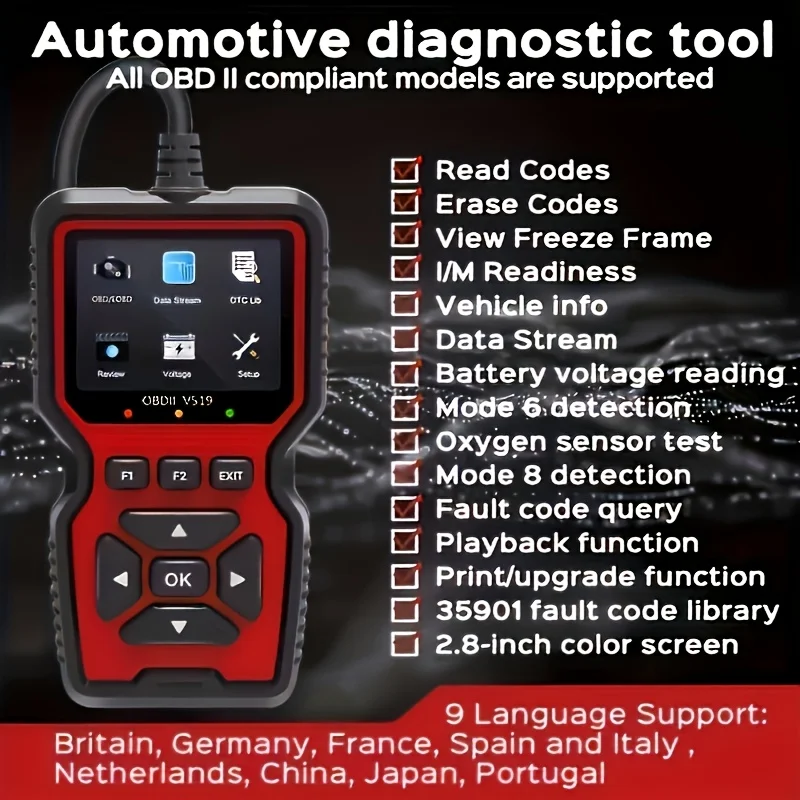 V519 Professional Obd2 Scanner - Usb-Powered Automotive Diagnostic Tool with Real-Time Data Stream, Full-Featured Obd Ii Testing (I/M Ready, Bod2/Eobd), Clears Engine Fault Lights, Reads/Erases Codes for Most Vehicles, Automotive Maintenance, Ergonomic Design, Durable Plastic Casing