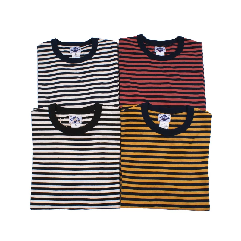 Ok8105 Men T-Shirt Summer Personality Fashion Youth Slim Fit Round Neck Color Matching Pinstripe Short Sleeve Thick Pullover Tee