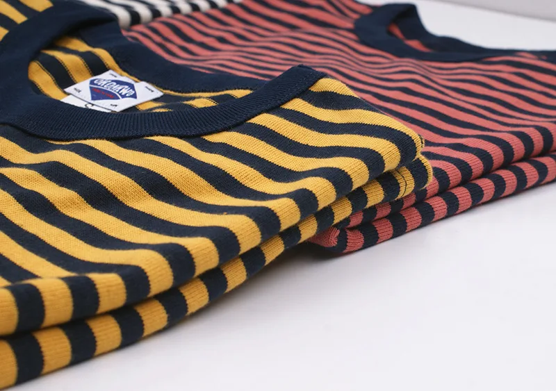 Ok8105 Men T-Shirt Summer Personality Fashion Youth Slim Fit Round Neck Color Matching Pinstripe Short Sleeve Thick Pullover Tee